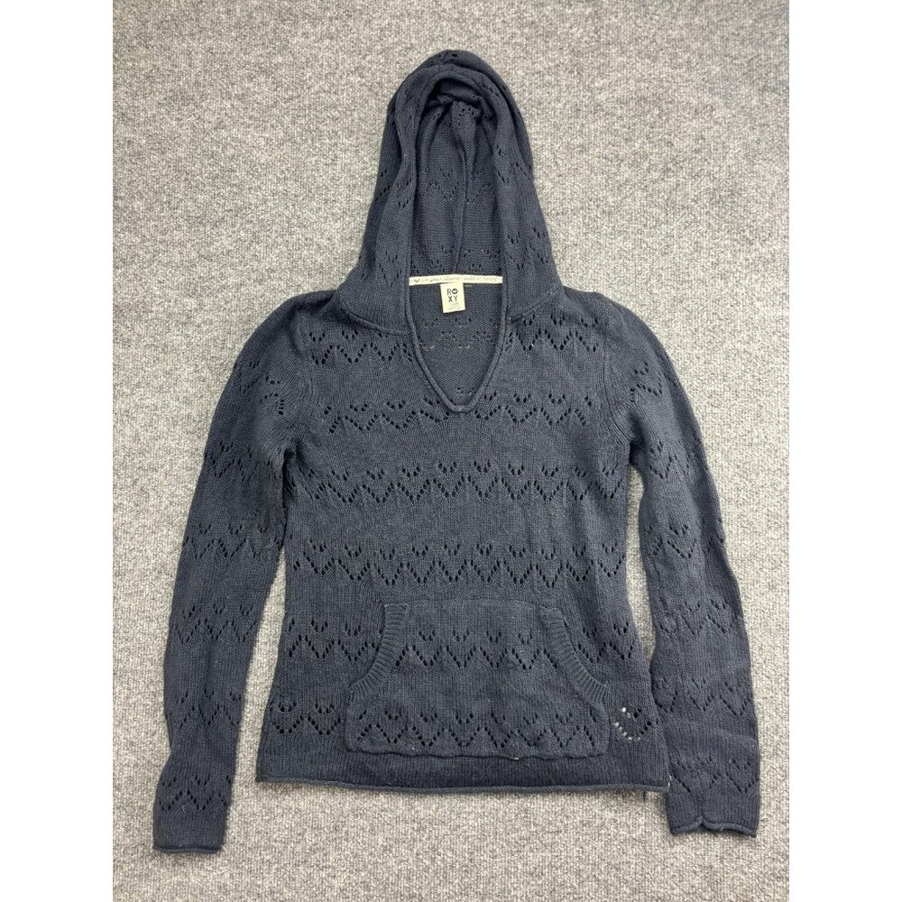 Roxy Sweater Womens Large Gray Hooded Knit Pullover Eyelet Hearts Pocket
